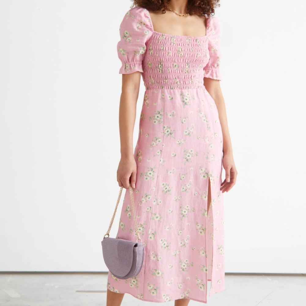 & Other Stories Floral Linen Dress Pink 6 Puff Sleeve Smock Peasant Romantic